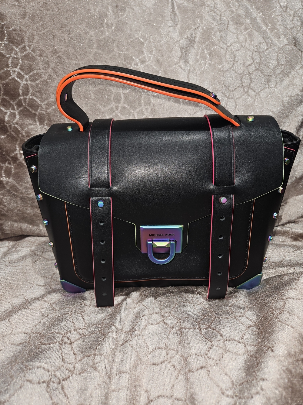 Michael Kors Black Messenger Bag with Neon Orange and Pink Trim